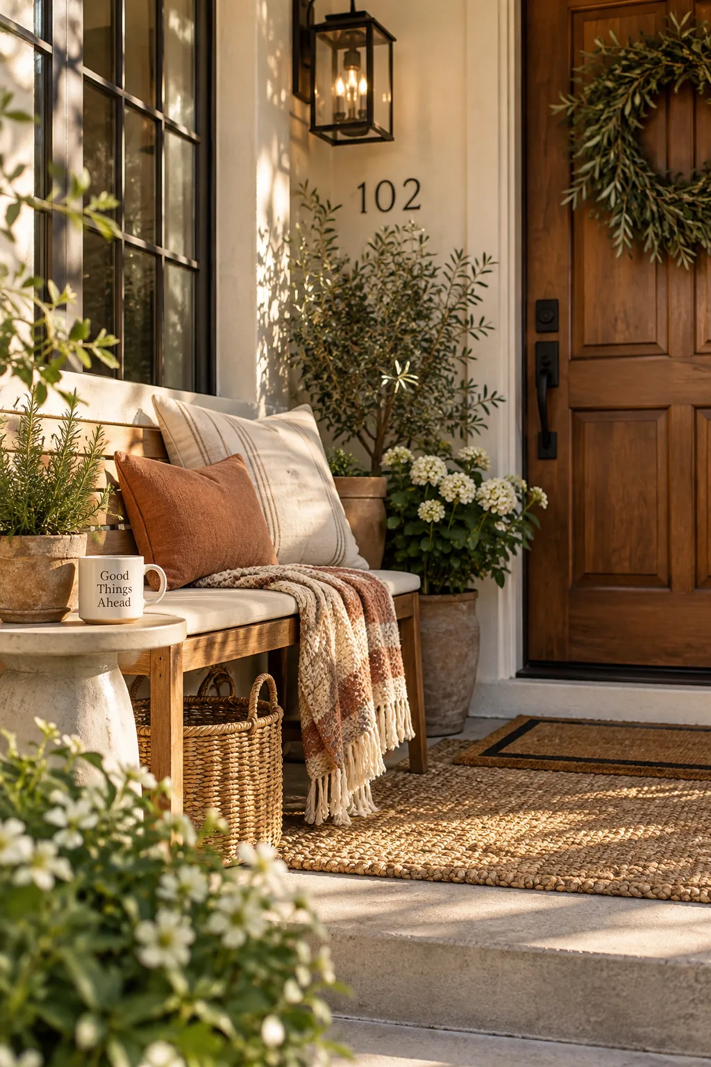 Small wooden bench with a pillow on a porch