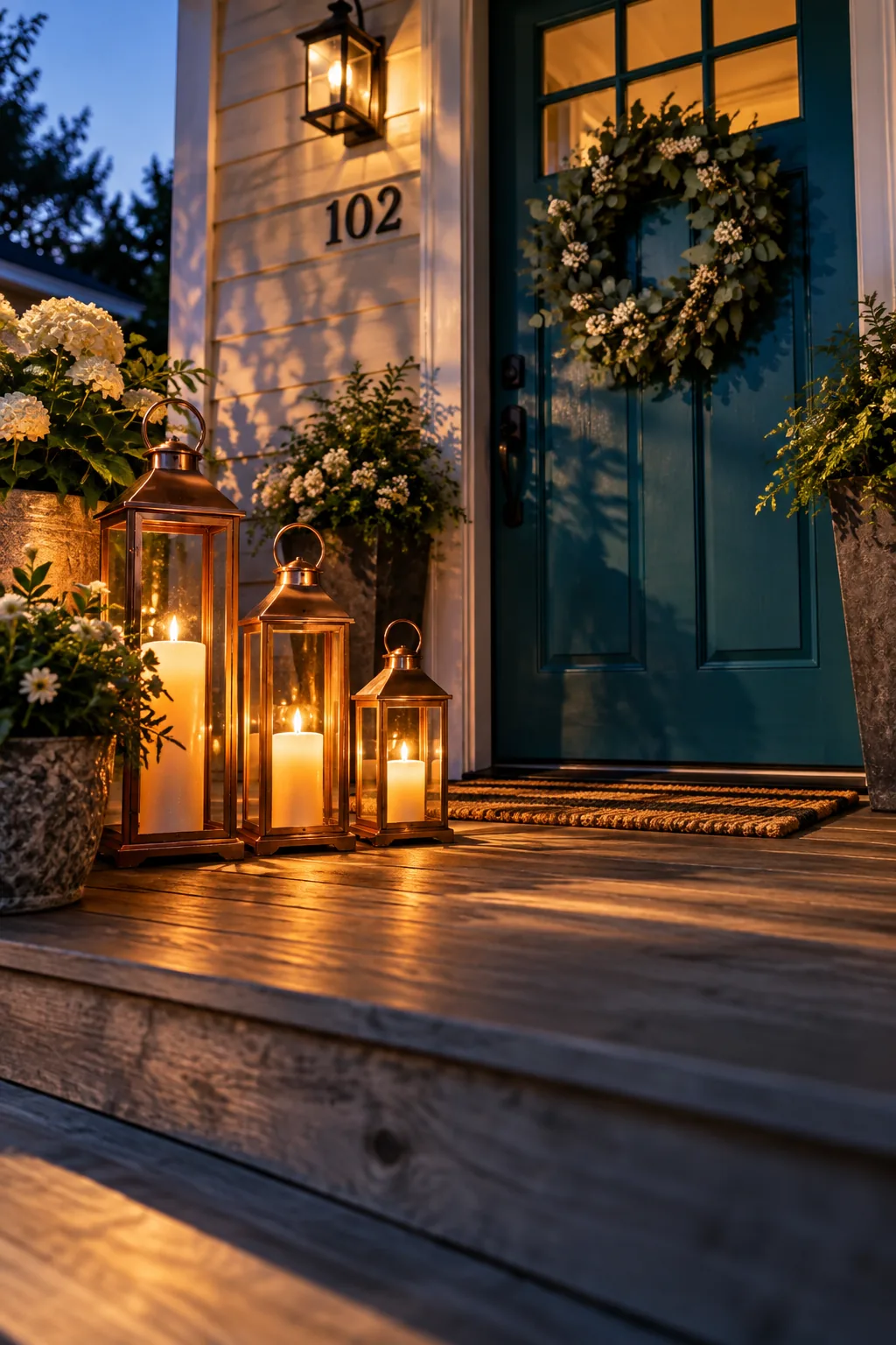 Cluster of copper lanterns with candles on steps