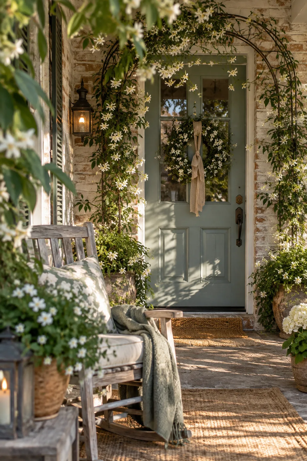 Green climbing vines framing a front entryway