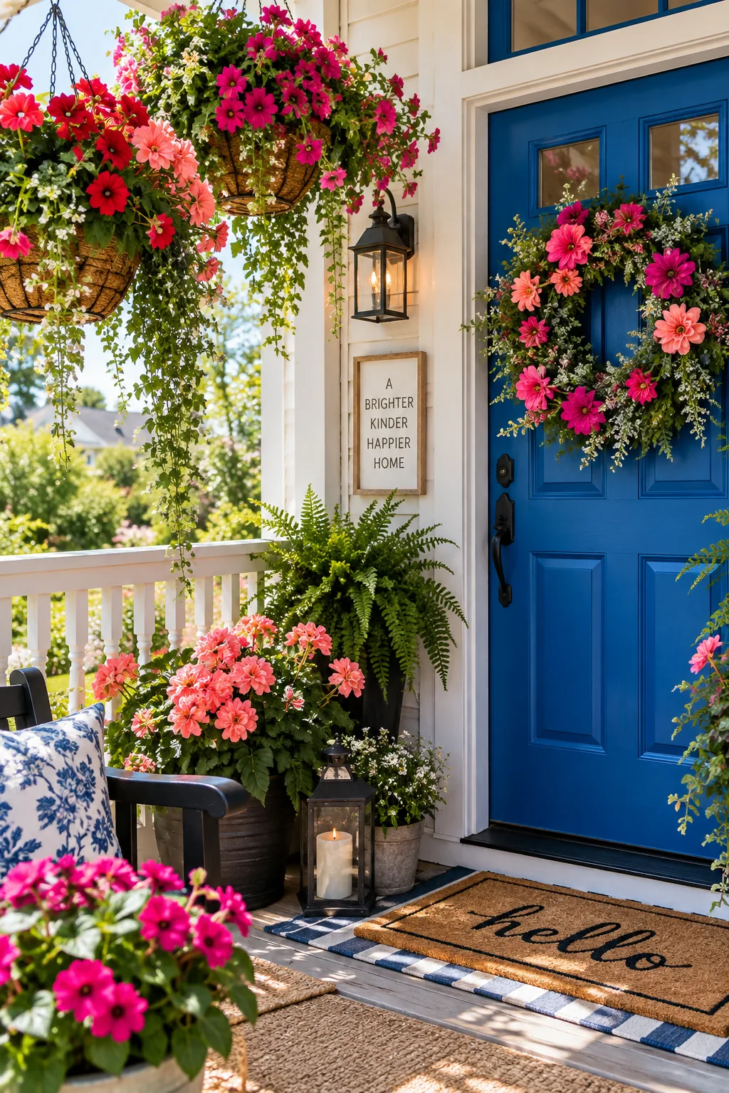 Hanging basket filled with realistic fake greenery