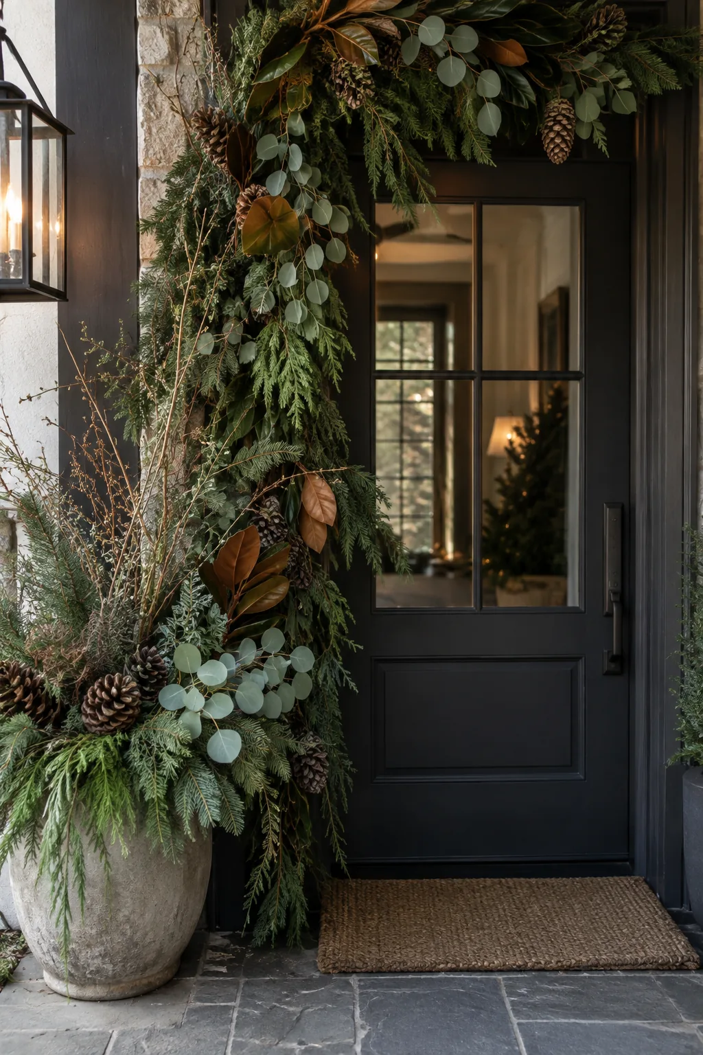 Green garland draped heavily on one side of a door