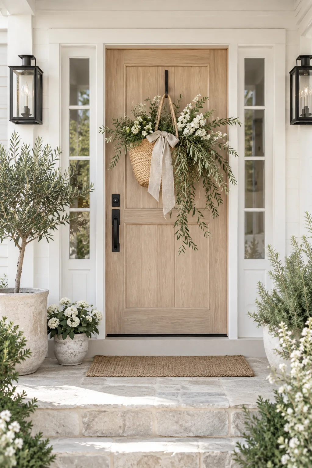 Woven basket filled with flowers hanging on a door