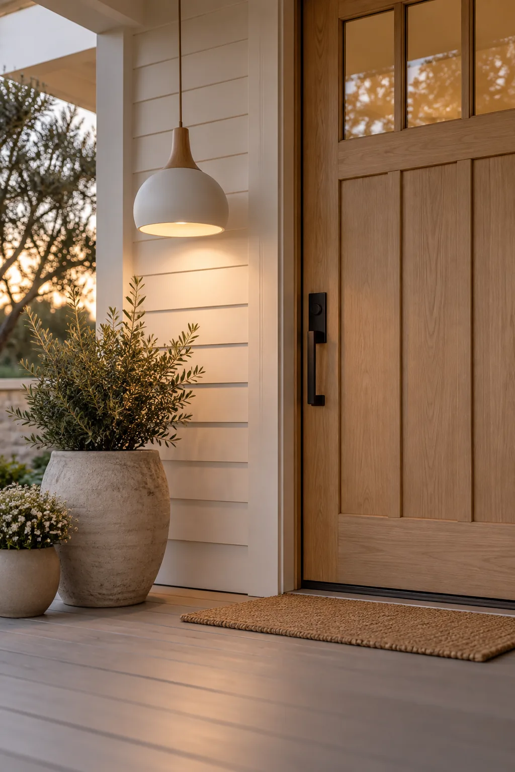 Large statement pendant light hanging over a front door