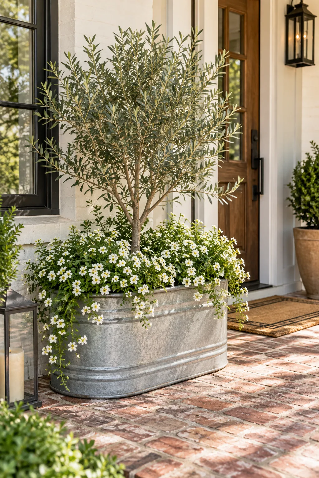 A galvanized metal planter filled with an olive tree and white flowers on a brick porch.