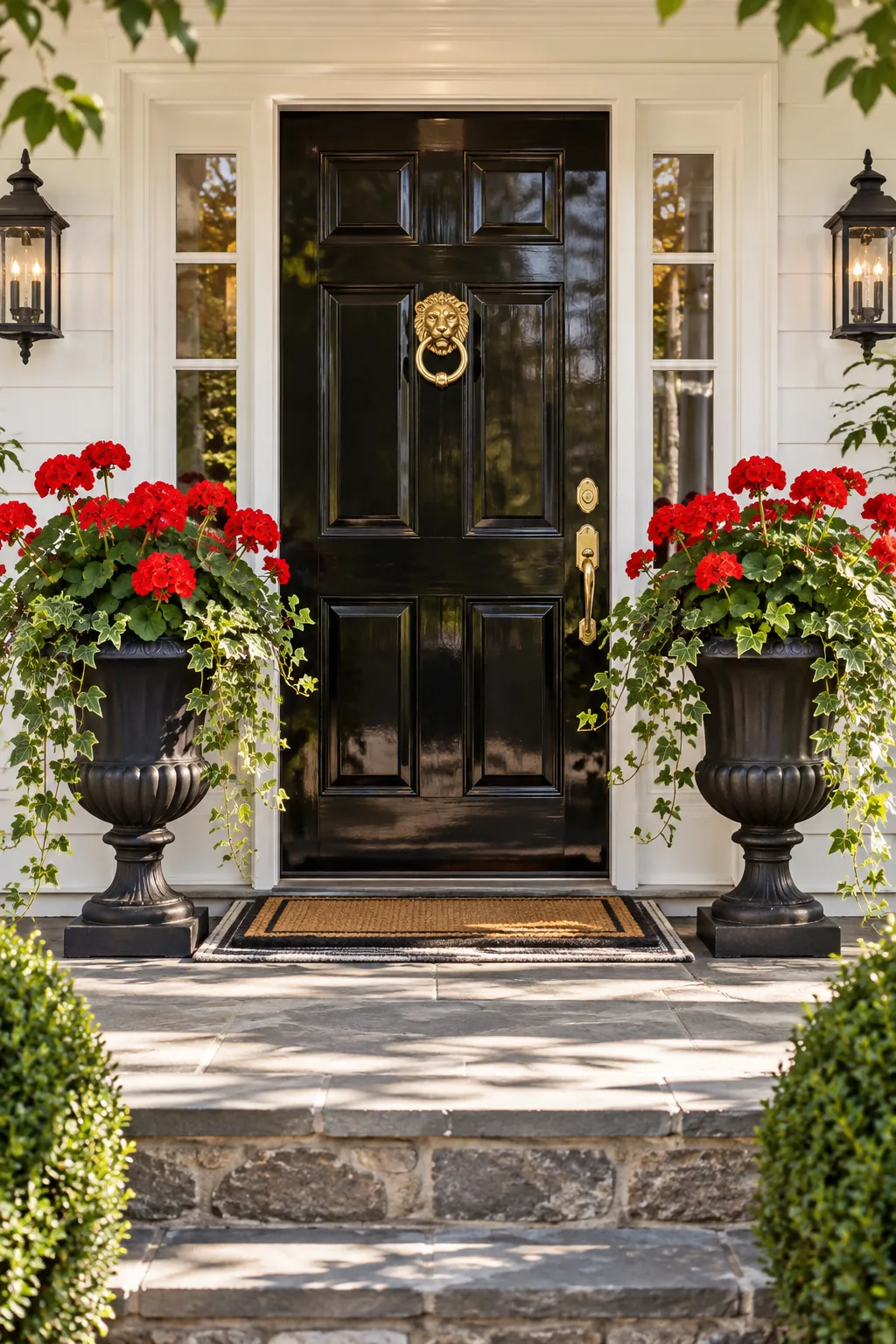 A classic cast iron urn planter filled with red geraniums and ivy next to a black door.
