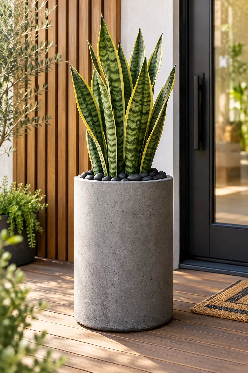 A smooth concrete cylinder planter holding a tall snake plant on a wood-slat porch.