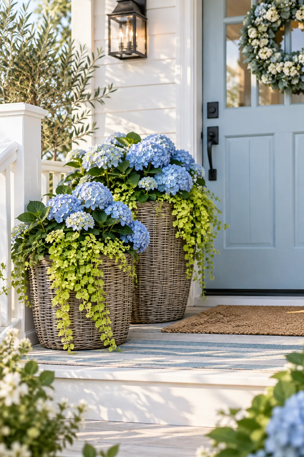 A woven basket planter filled with blue hydrangeas and green vines next to a pastel blue door.