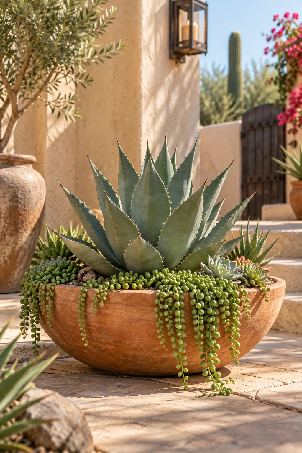 A wide terracotta bowl planted with an agave and trailing succulents in a stucco courtyard.