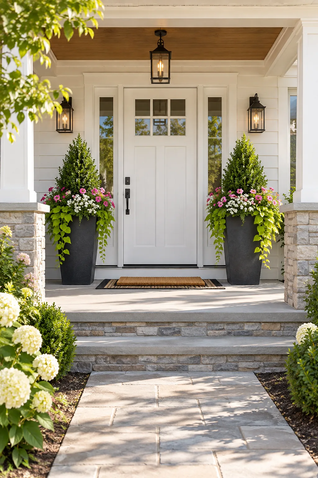 A wide view of a white front porch with a tall, appropriately scaled charcoal planter next to the door.