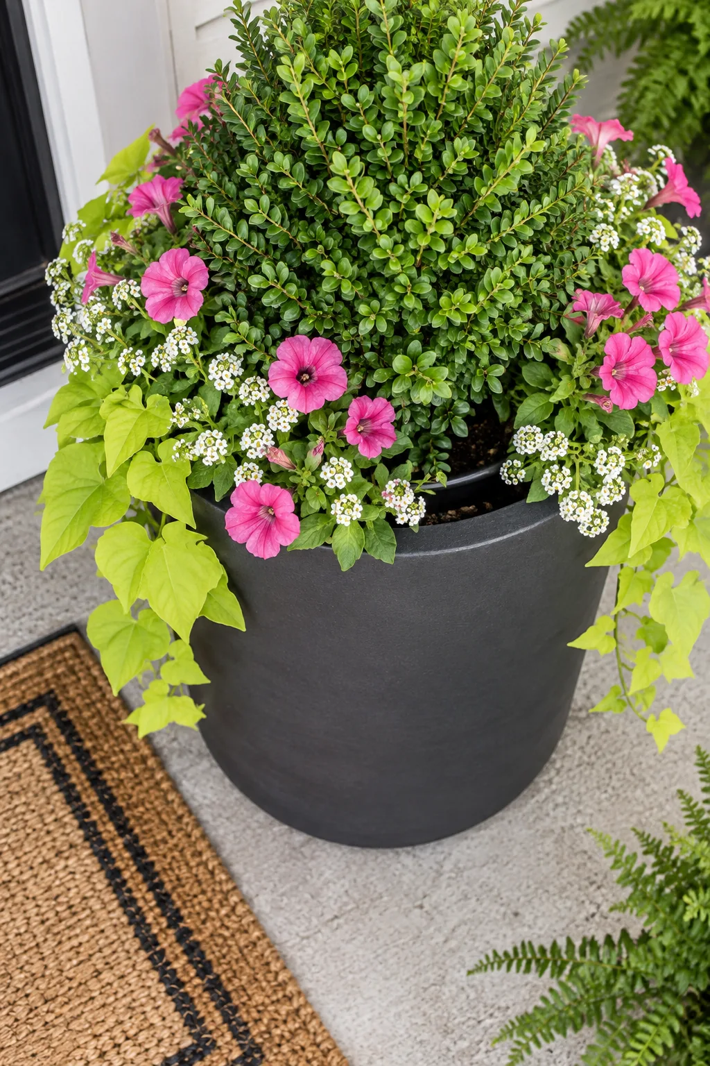 Close-up of the solid base of a charcoal planter resting on a concrete porch next to a doormat.