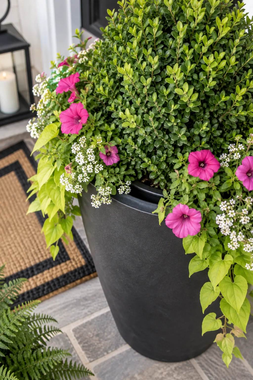 Overhead view of a planted container showing the edge of a plastic nursery pot resting inside a larger charcoal planter.