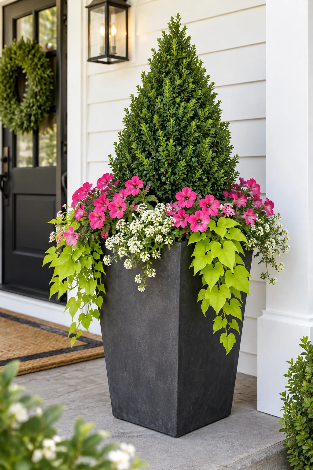 A tall, conical boxwood shrub planted in the center of a dark outdoor container against white siding.