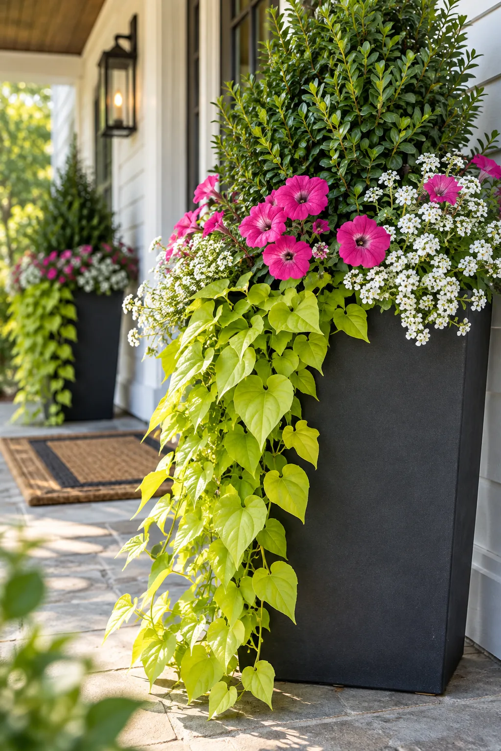 Close-up of bright pink petunias and white alyssum blooming beneath a green shrub in a planter.