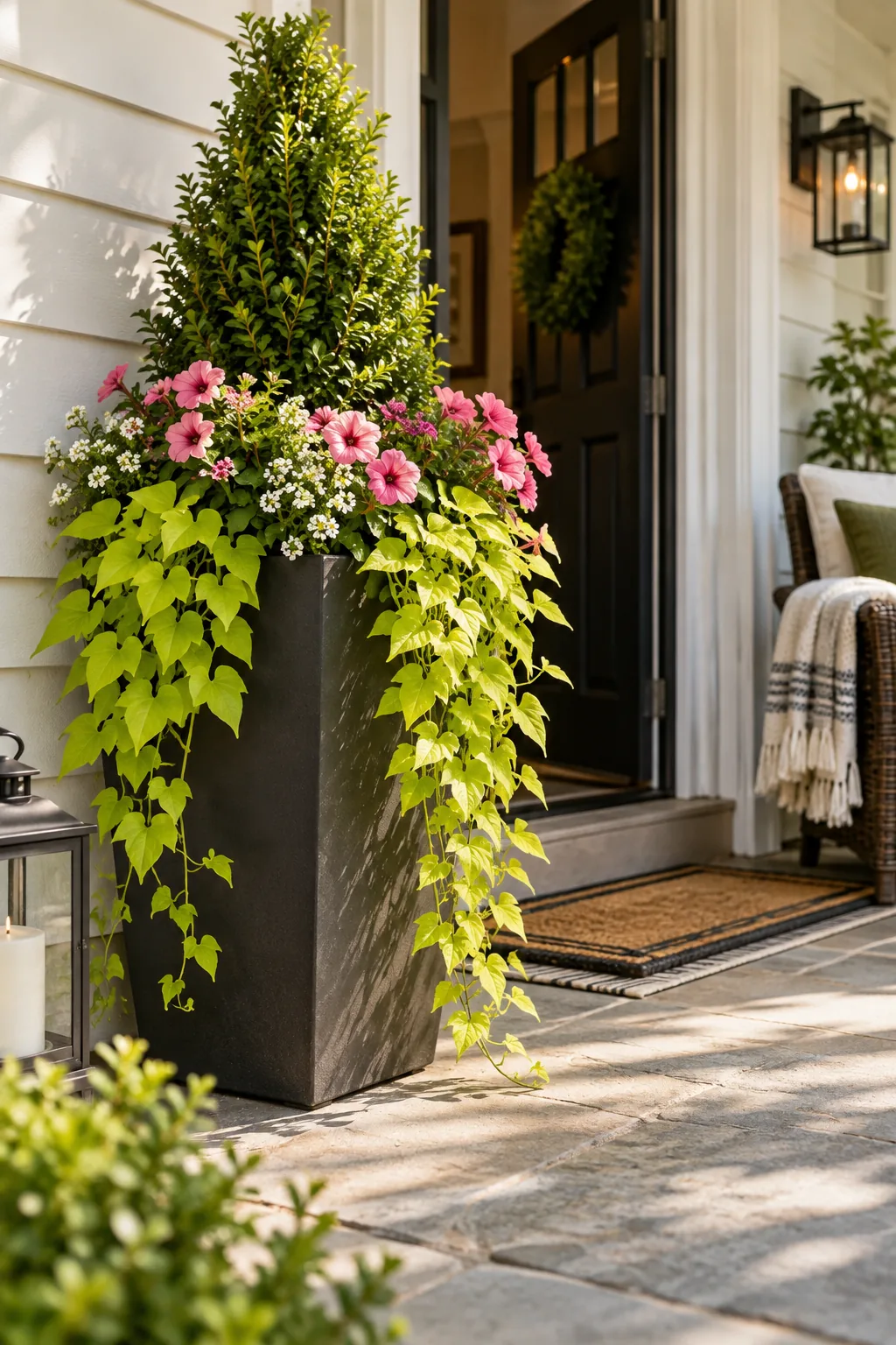Bright green trailing sweet potato vines hanging down the side of a matte black planter.