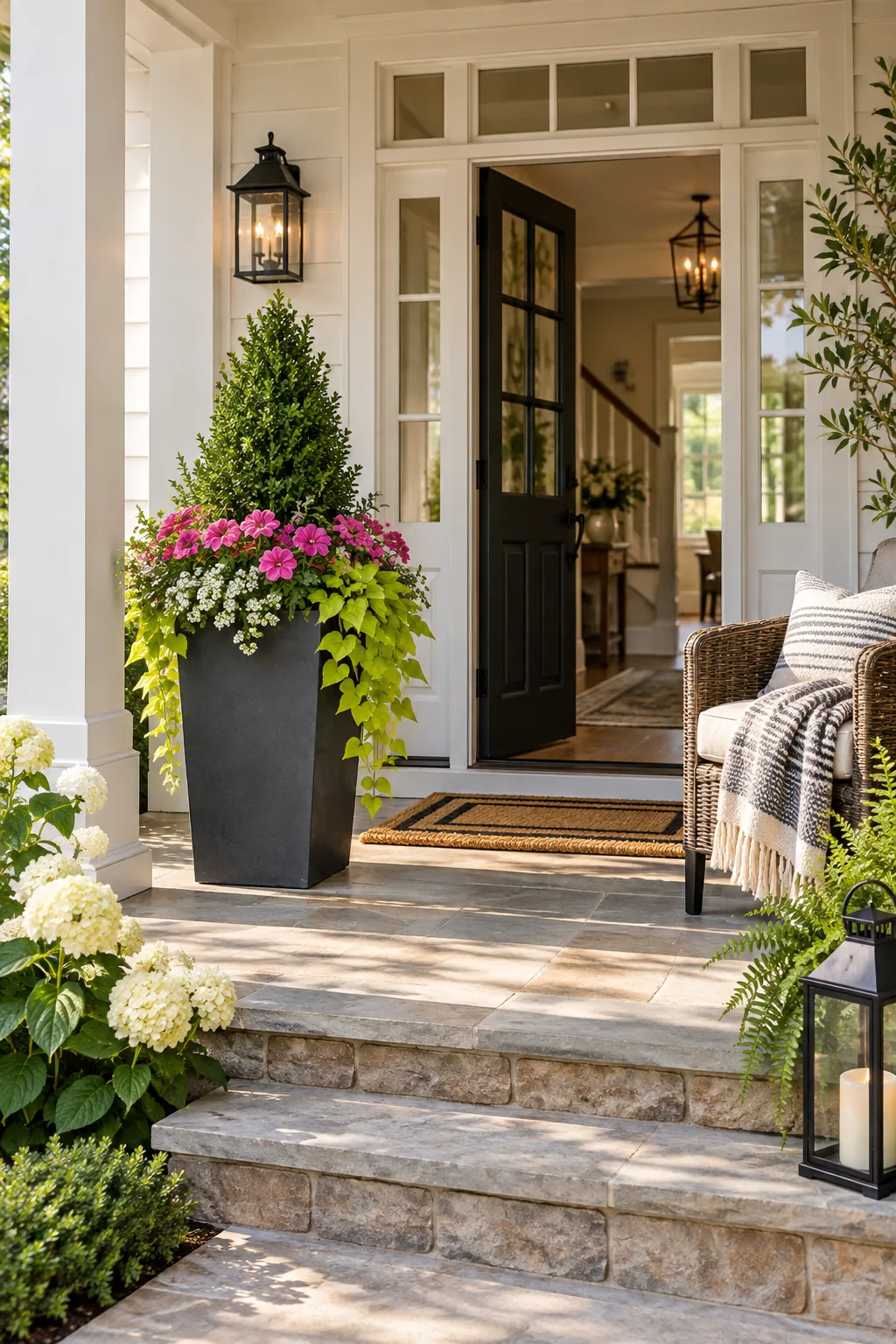 A beautifully styled front porch featuring a lush planter, an open white door, and a cozy chair with a throw blanket.