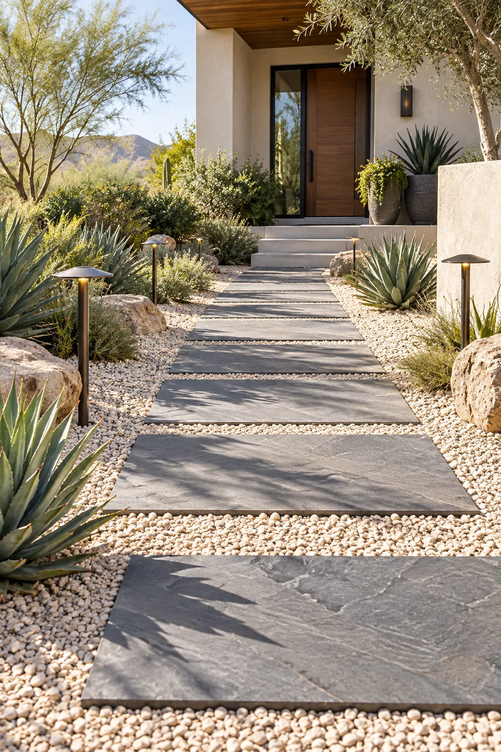 A modern front walkway made of rectangular slate pavers surrounded by light gravel and agave plants.