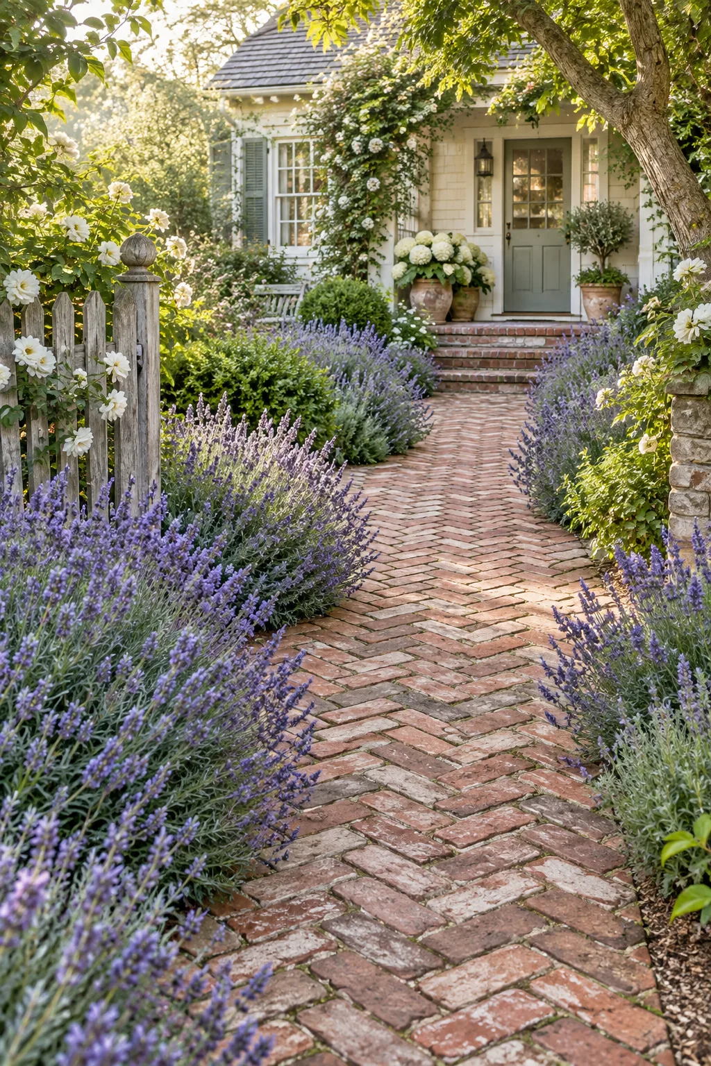 A rustic walkway made of weathered red brick in a herringbone pattern, bordered by blooming lavender.