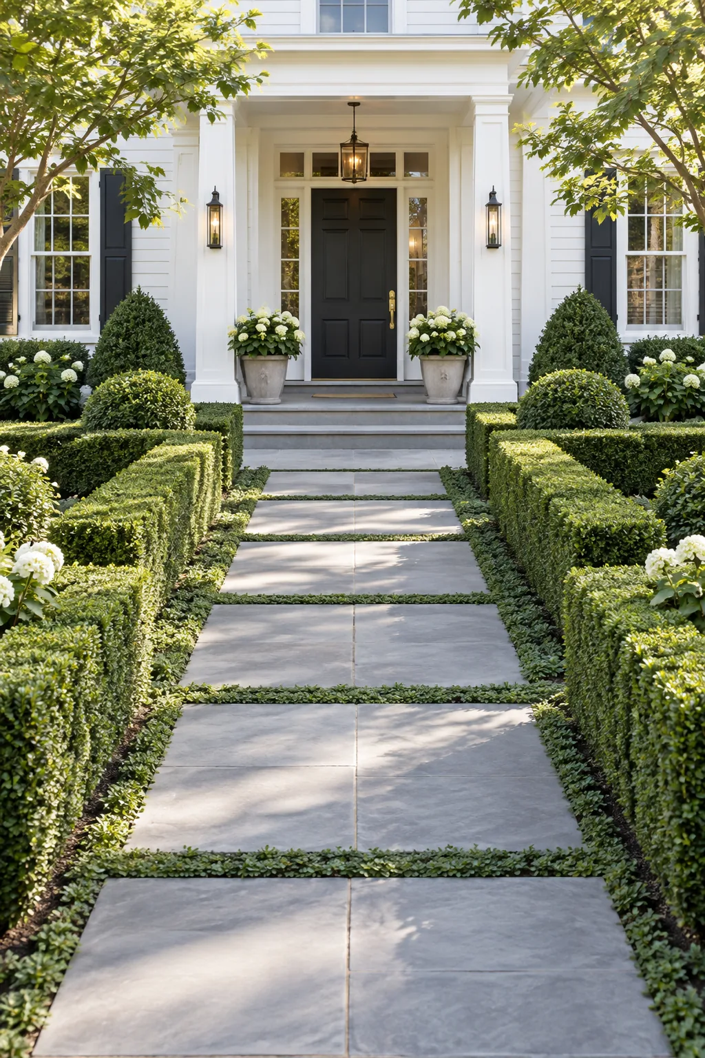 A formal walkway of perfectly square bluestone slabs lined with manicured boxwood hedges.