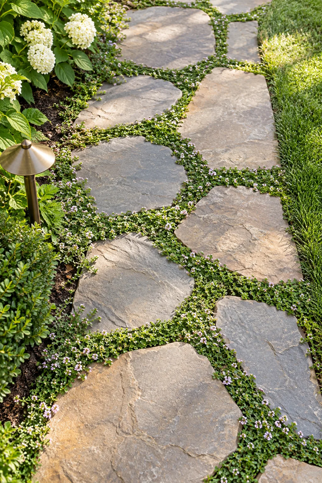 A close-up of a crisp, clean border where natural flagstone meets manicured green grass.