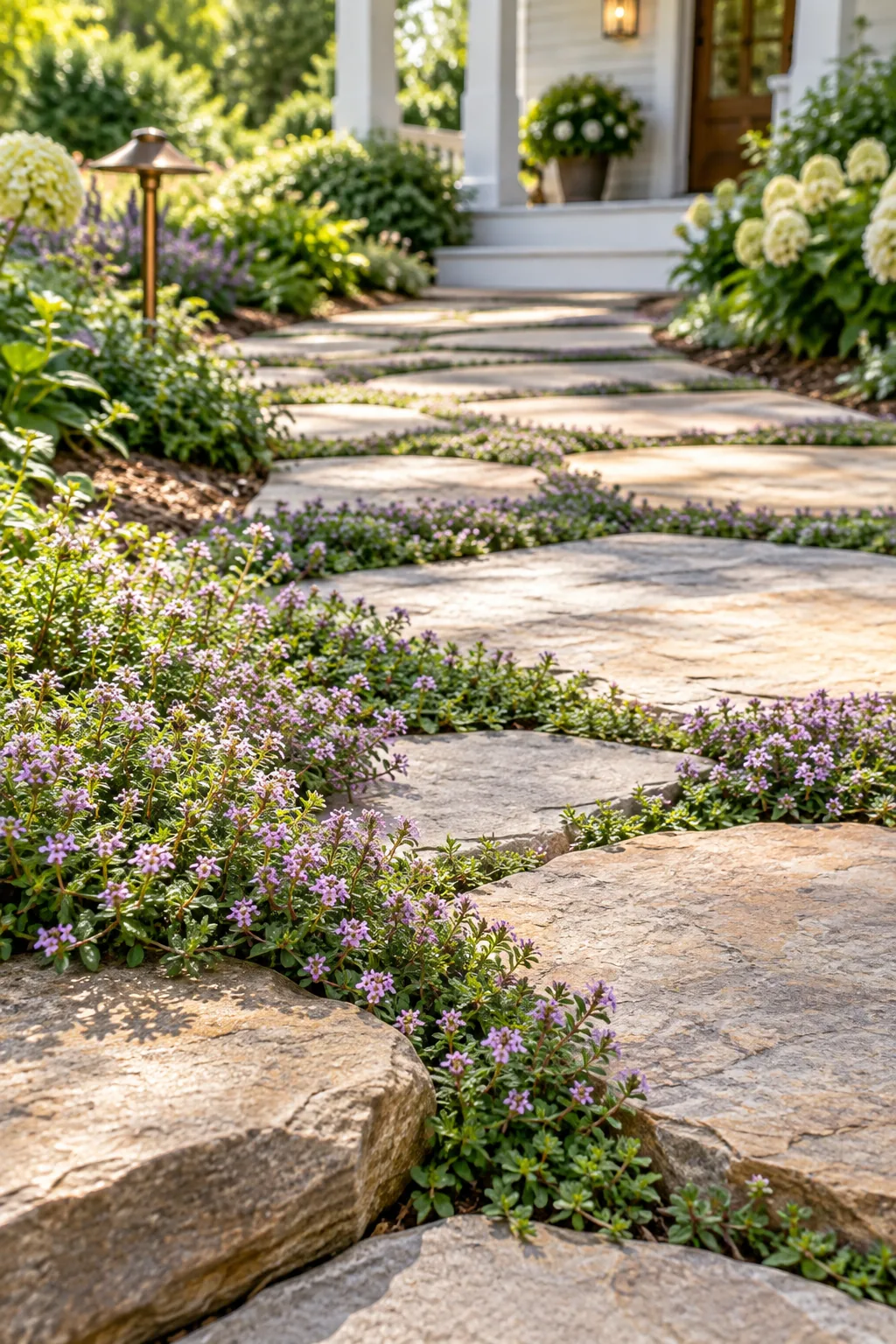 An overhead view of large flagstones separated by 2-inch gaps filled with creeping thyme.