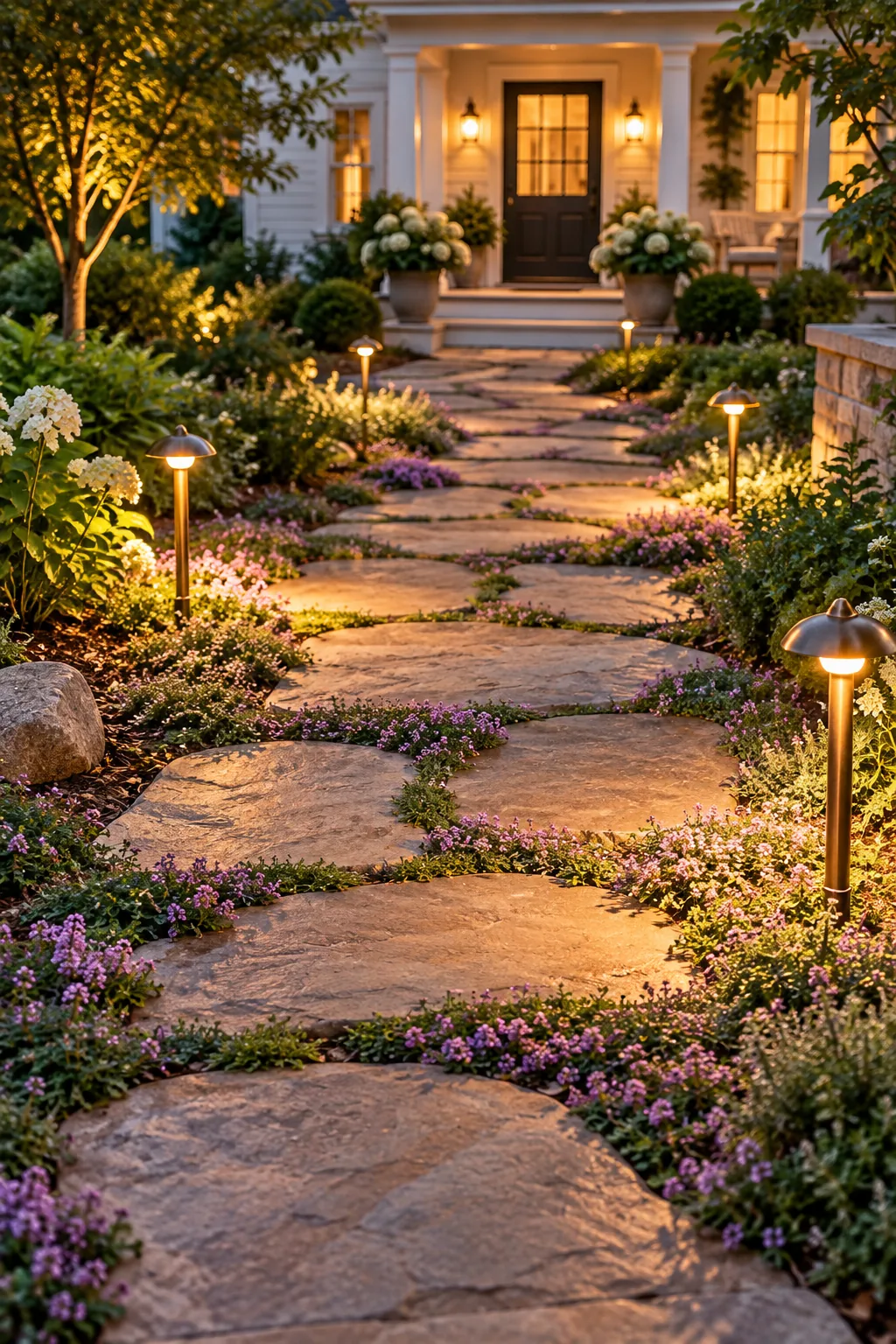 A close-up eye-level view of blooming creeping thyme spilling over a natural stone paver.