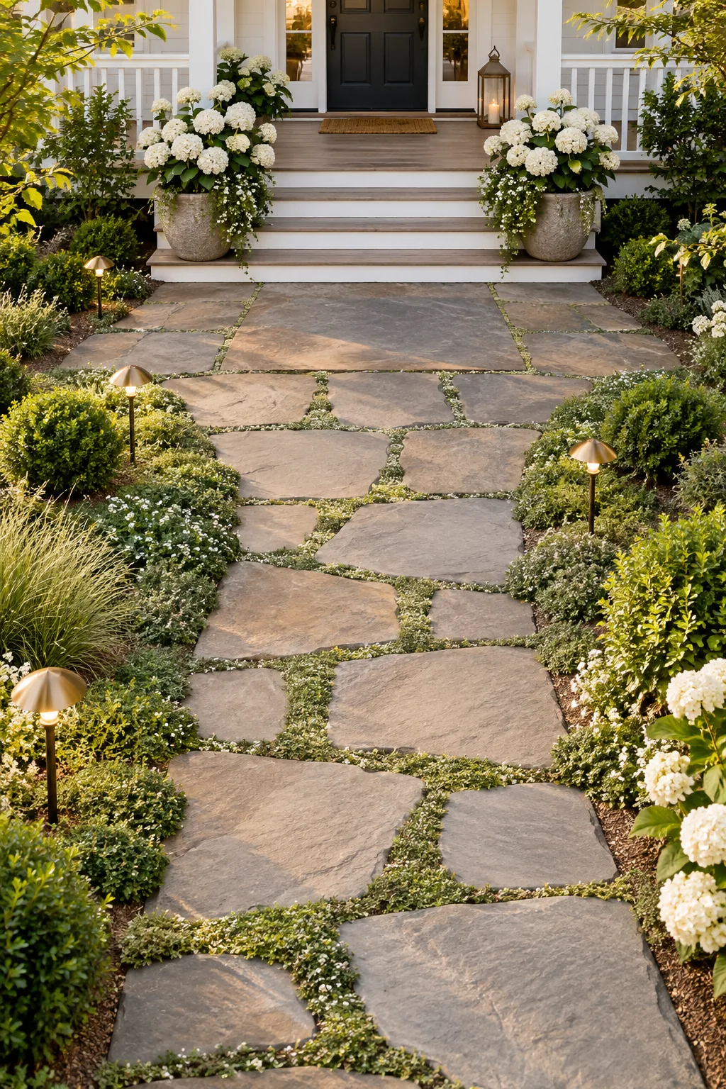 A flagstone walkway at dusk illuminated by warm brass pathway lights placed asymmetrically on either side.