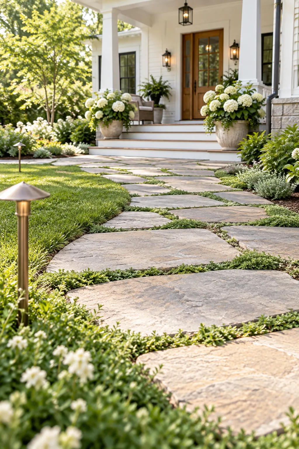 A flagstone walkway that widens significantly at the base of white wooden porch steps, flanked by potted plants.