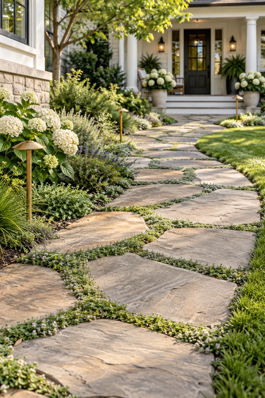 A low-angle view of a flagstone path showing its subtle slope away from the house in the background.