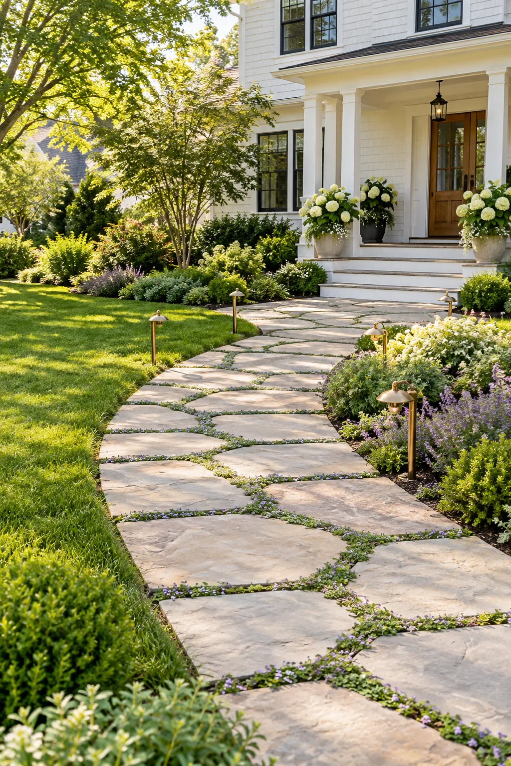 A wide view of a beautifully landscaped front yard featuring a sweeping flagstone walkway leading to a welcoming porch.