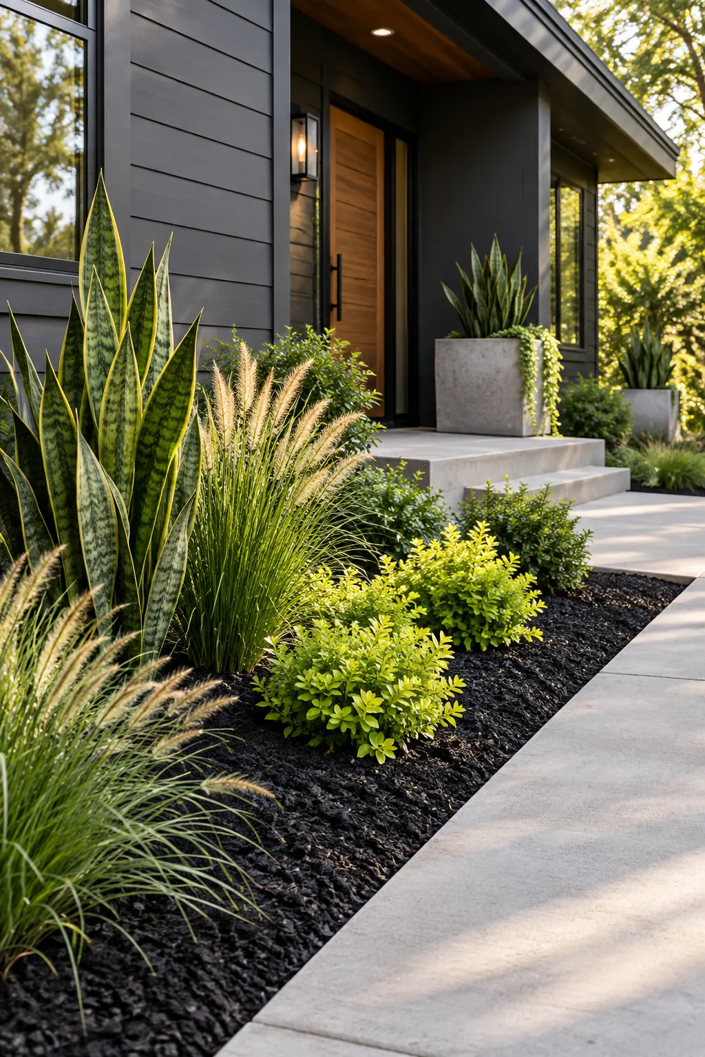 Modern slate gray house with a black mulch bed featuring tall architectural grasses.