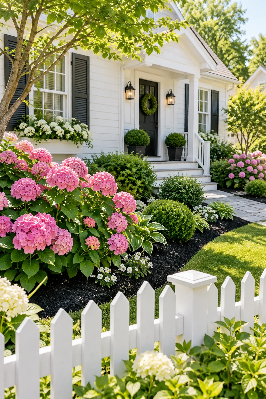 Classic white cottage exterior with a black mulch bed and bright pink hydrangeas.