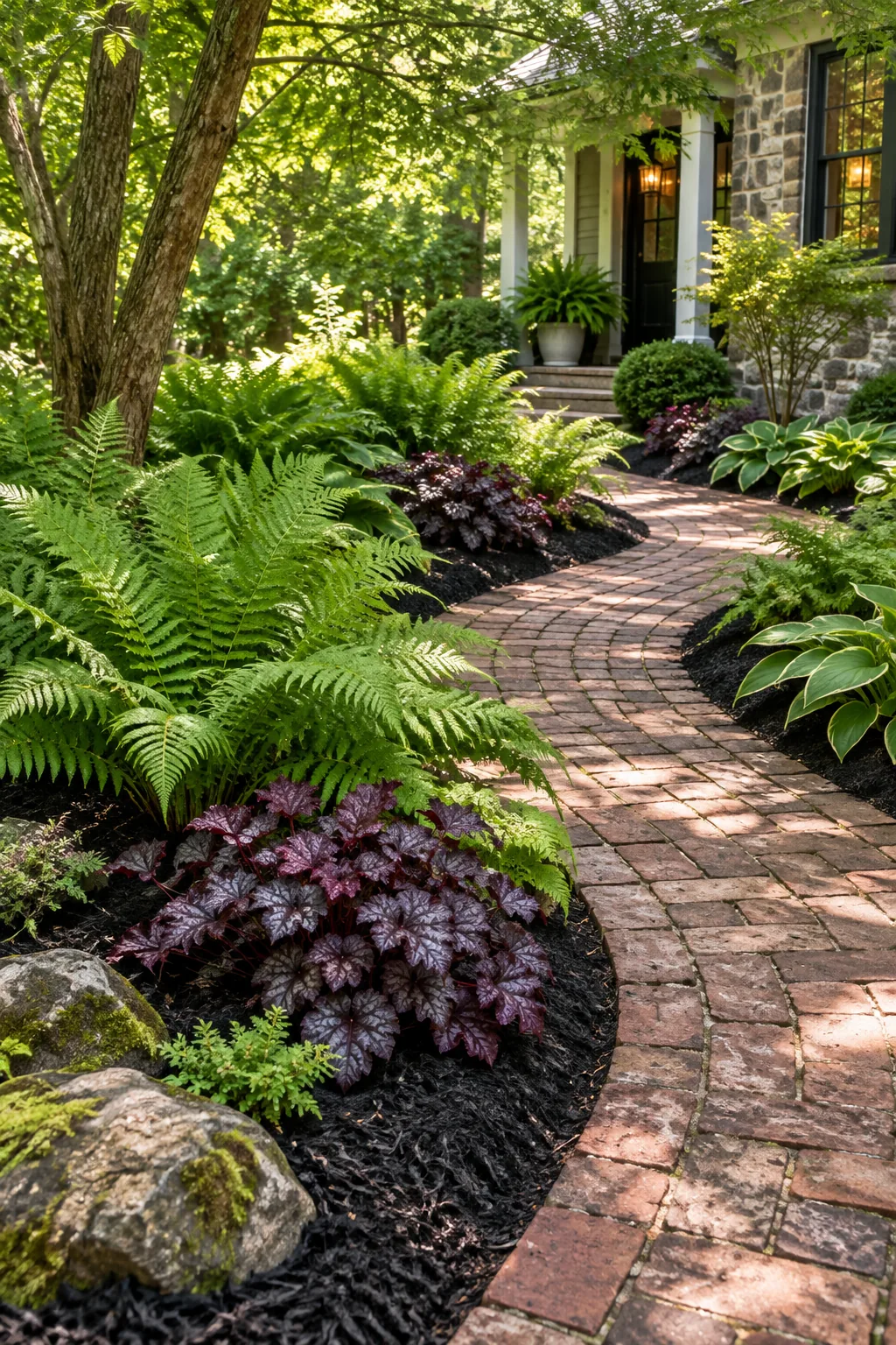 Shaded woodland garden with a brick path, black mulch, ferns, and purple coral bells.