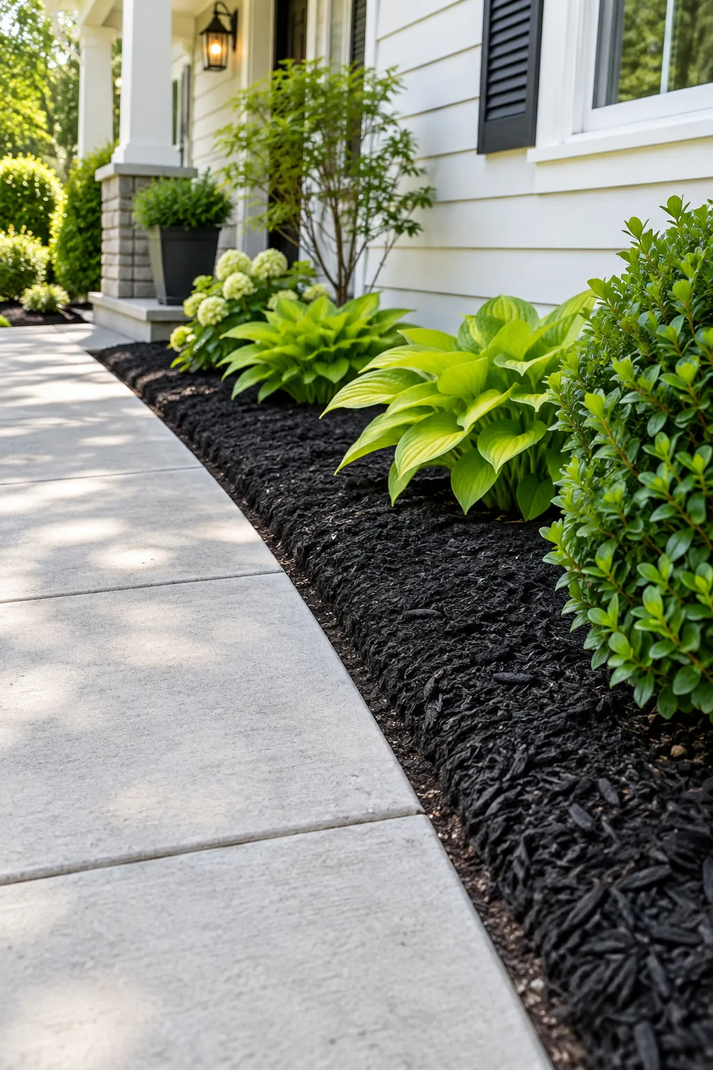 Close view of a house foundation showing a clean strip of bare soil before the black mulch begins.