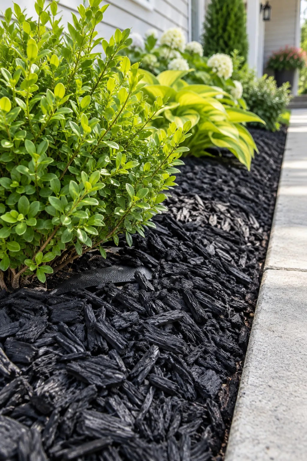 Sharp v-shaped trench separating a concrete walkway from a bed of black mulch.