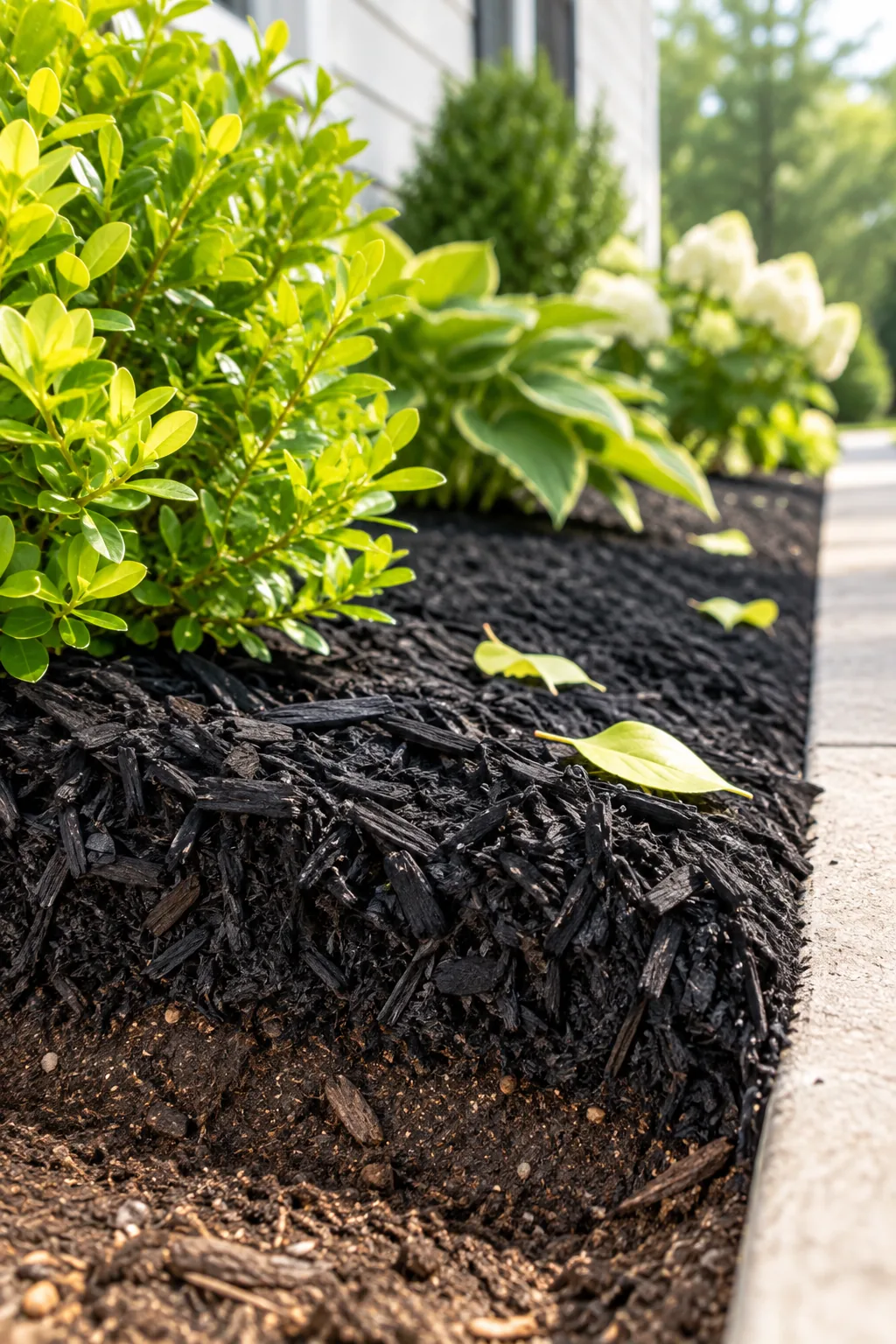 Black landscape fabric barely visible beneath a thick layer of black wood mulch around a green shrub.