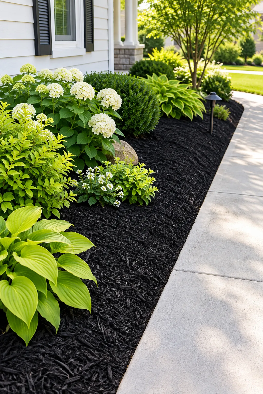 Low angle view of a thick, even layer of black mulch in a garden bed.