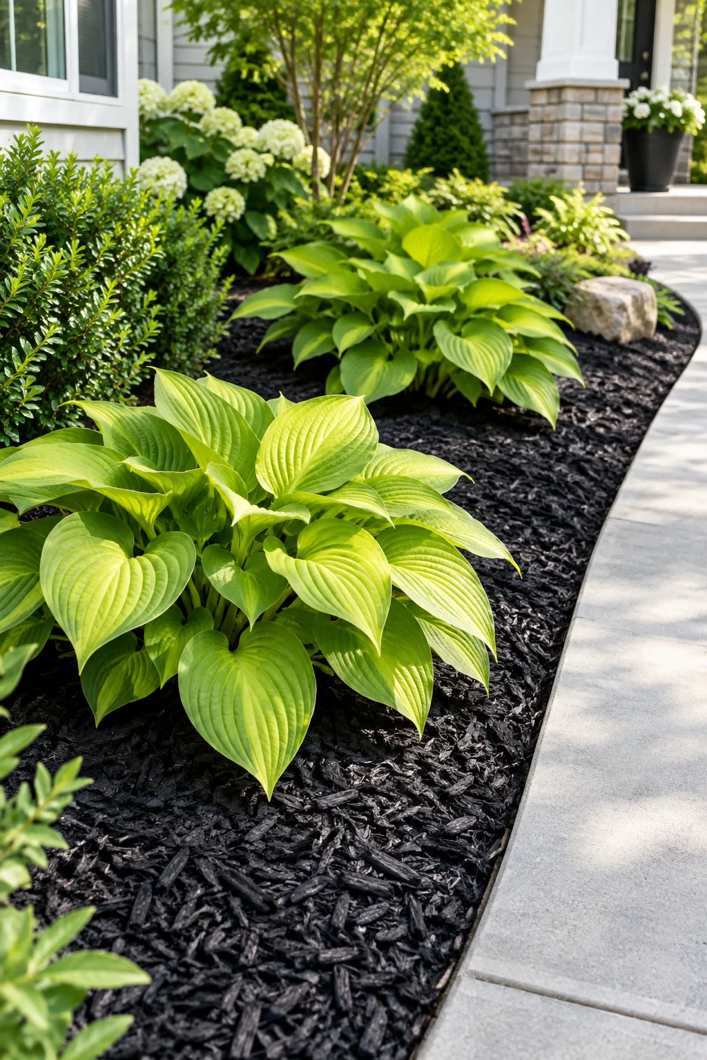 Dry, intensely black mulch sitting cleanly next to a pristine concrete path.