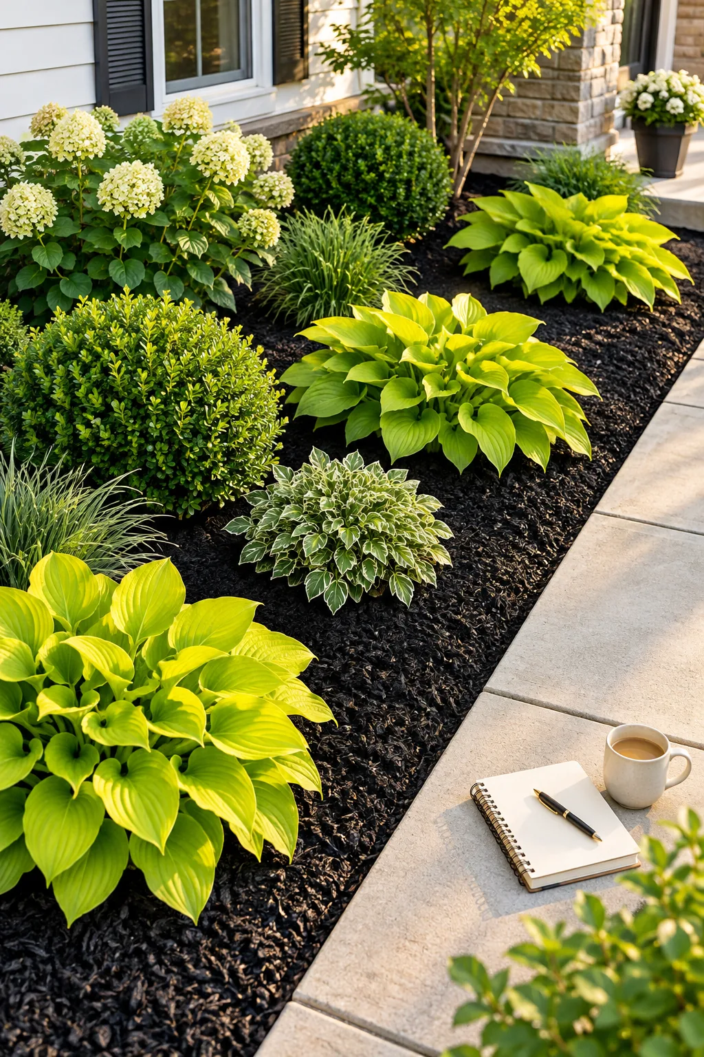 Bright lime green hostas growing out of a dark black mulch bed.
