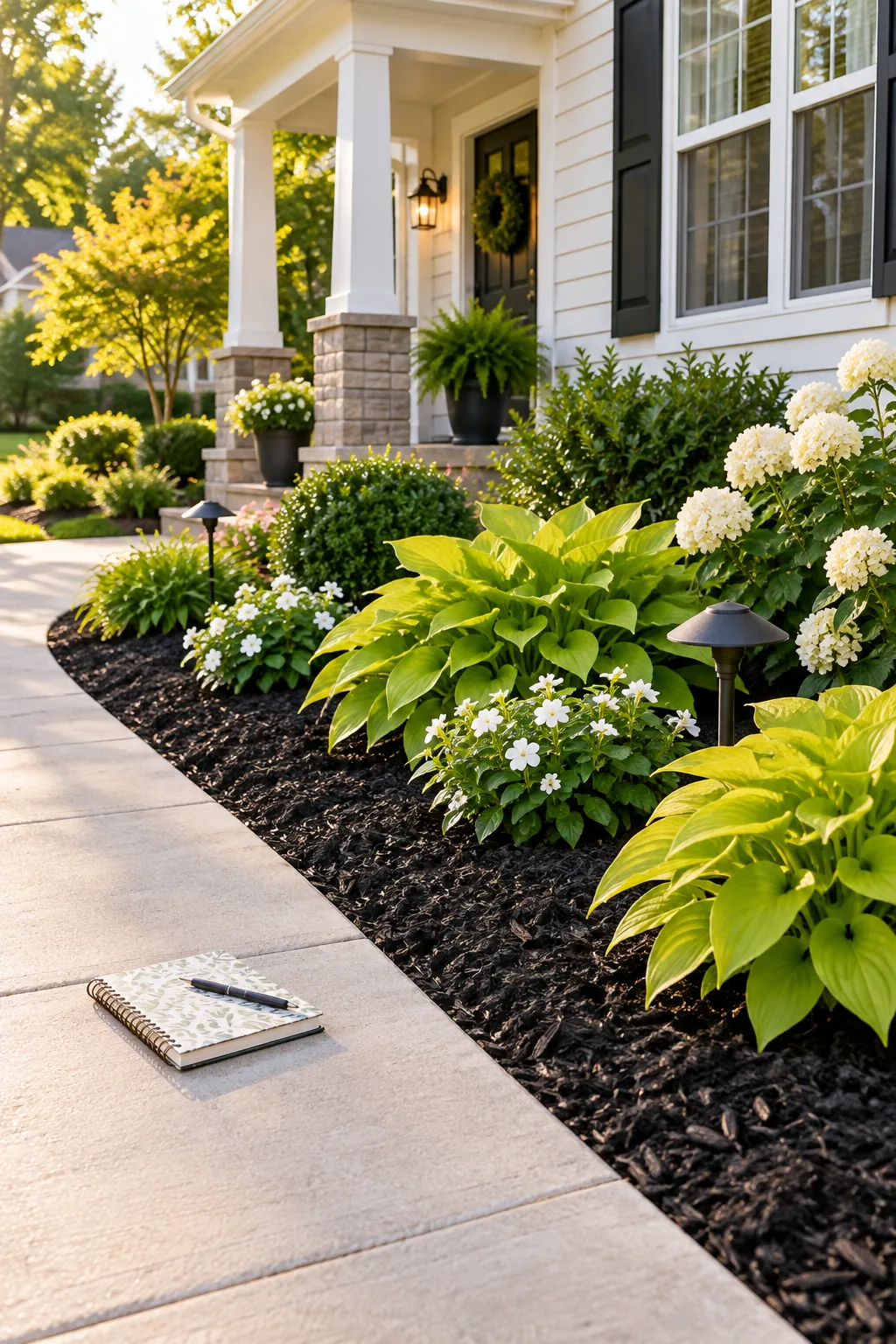 A neat front yard garden bed with black mulch and bright plants, with a gardening notebook on the adjacent concrete path.