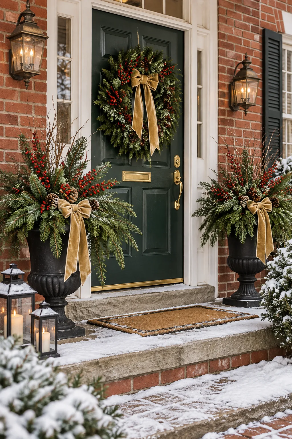 A classic Christmas porch with red brick, brass hardware, and evergreen urns decorated with red berries and gold ribbons.