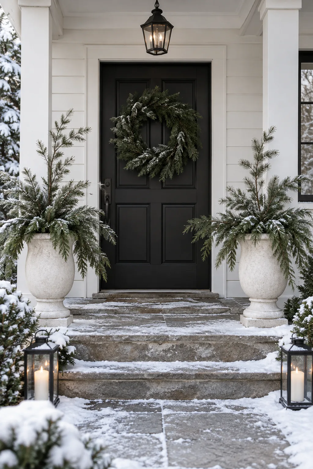 A minimalist winter porch with a black door and white concrete planters holding sparse, asymmetrical pine branches.