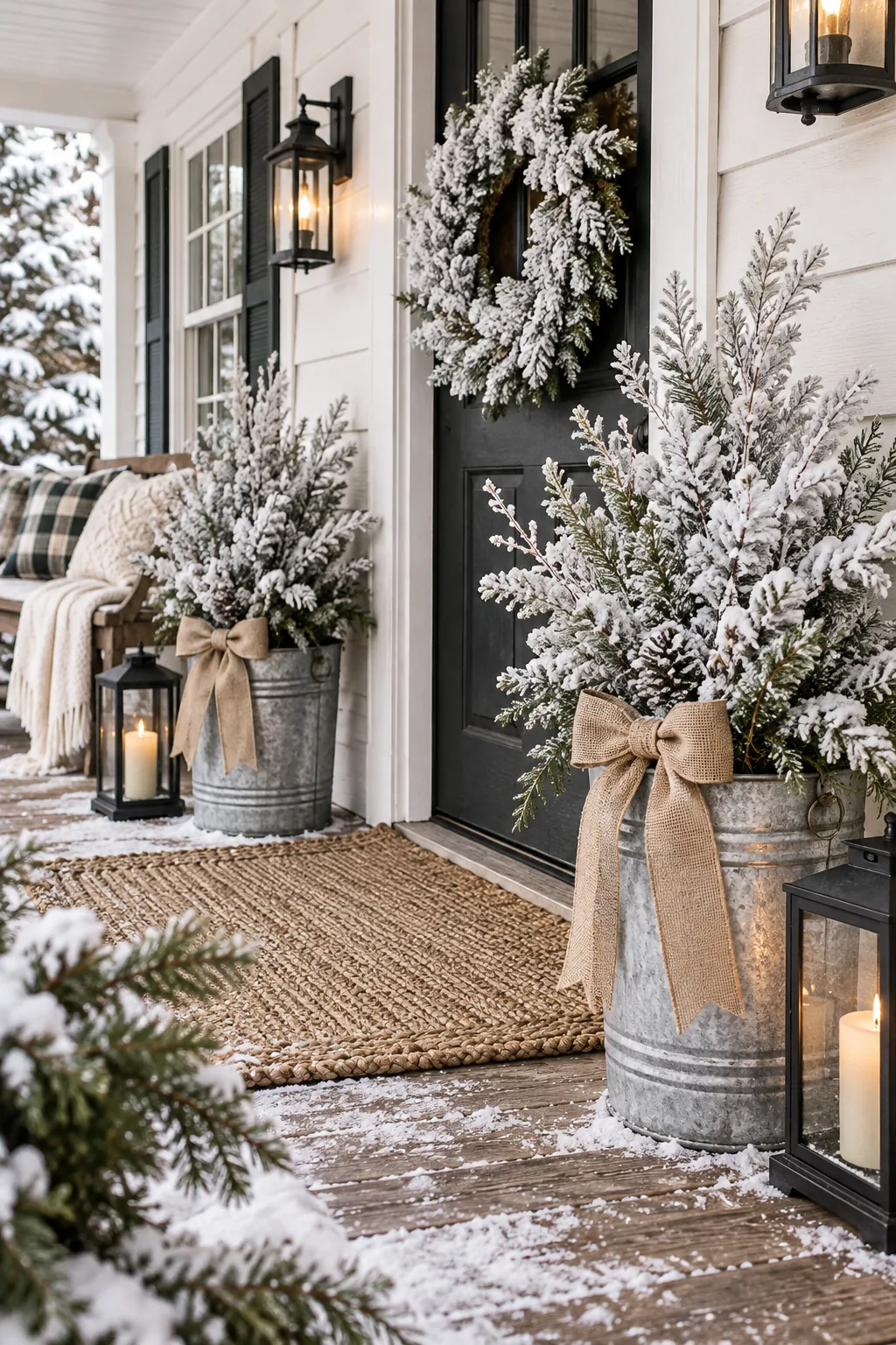 A rustic farmhouse porch with white shiplap siding and galvanized buckets filled with flocked winter branches.