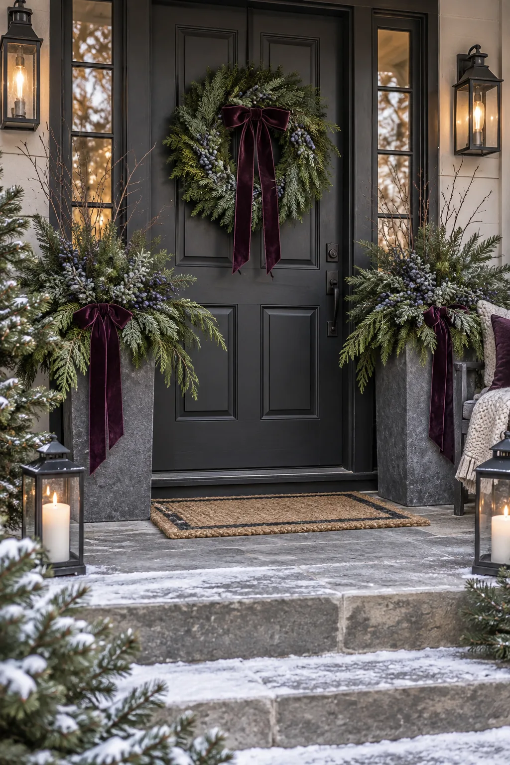 A moody holiday porch with a charcoal door, slate planters, blue juniper berries, and plum velvet ribbons.