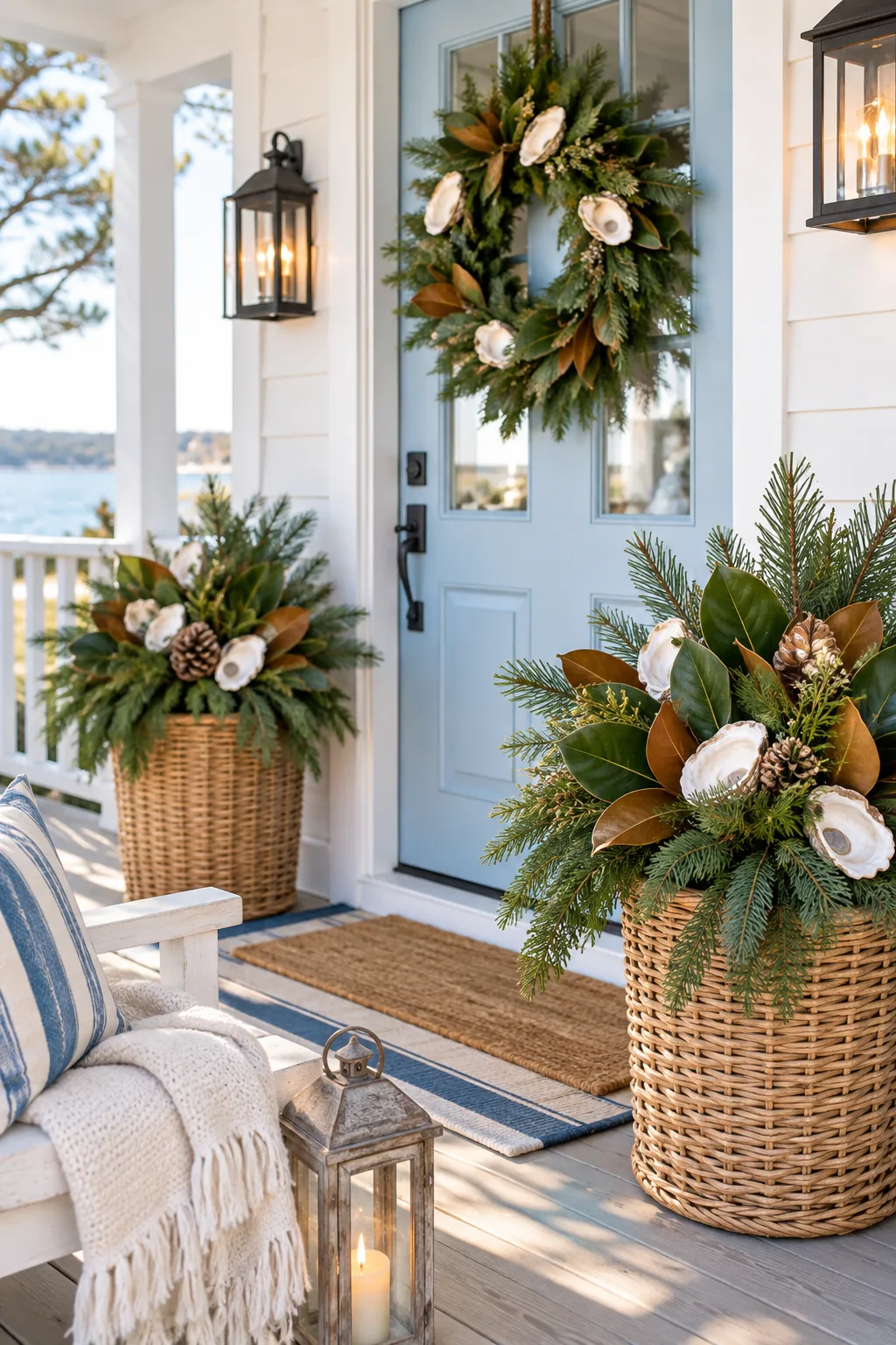 A coastal Christmas porch with a light blue door, woven rattan planters, and magnolia leaves mixed with pine.