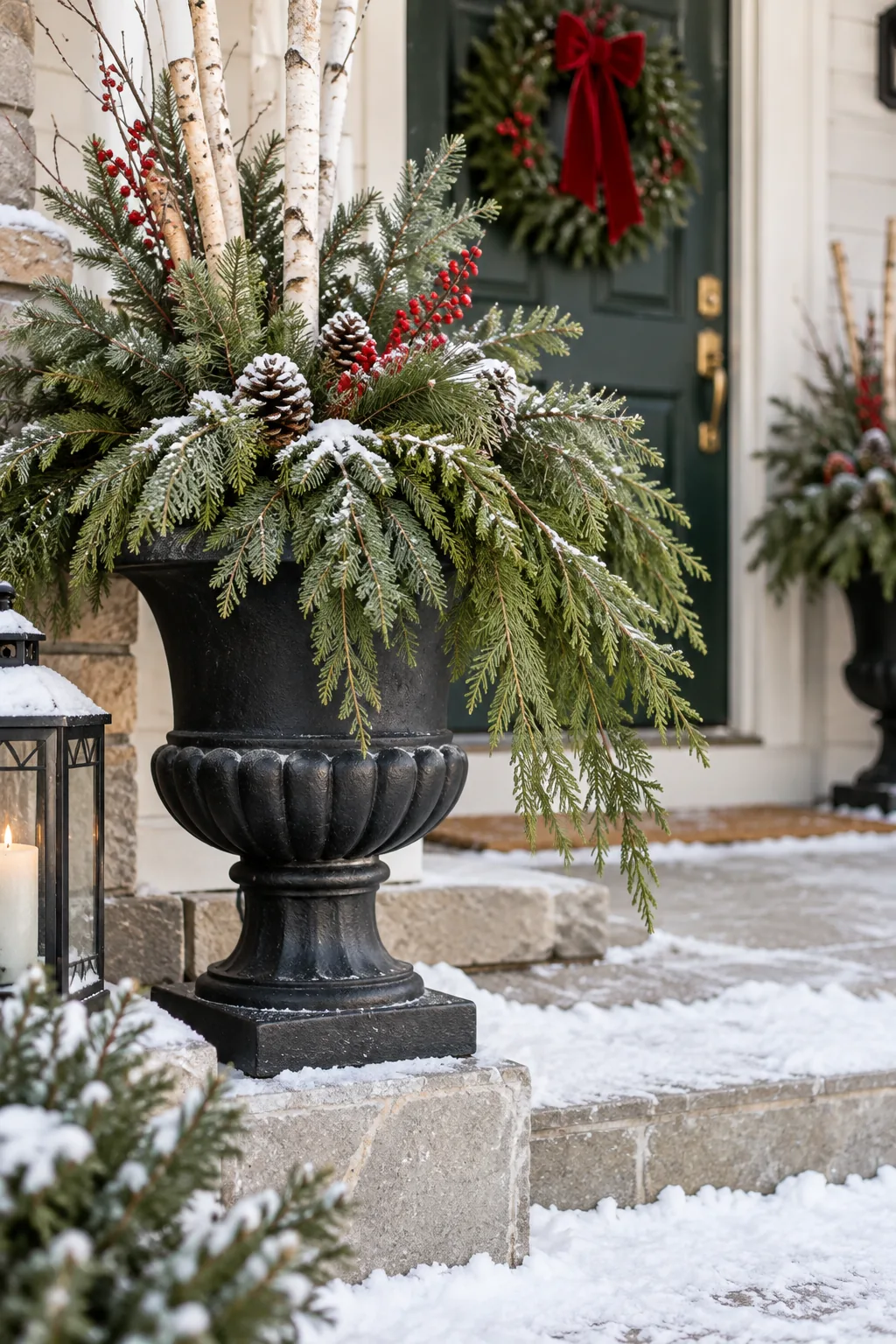 The base of a black cast-iron urn resting on a snowy porch step with evergreen branches draping over the edge.