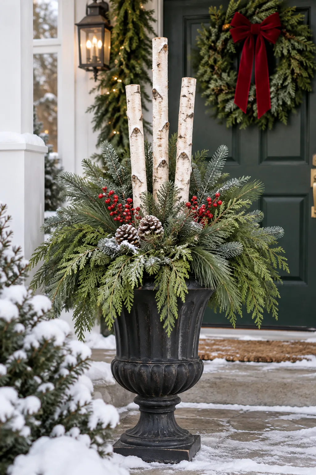 Close-up of dense evergreen branches emerging neatly from the soil line of a black outdoor planter.