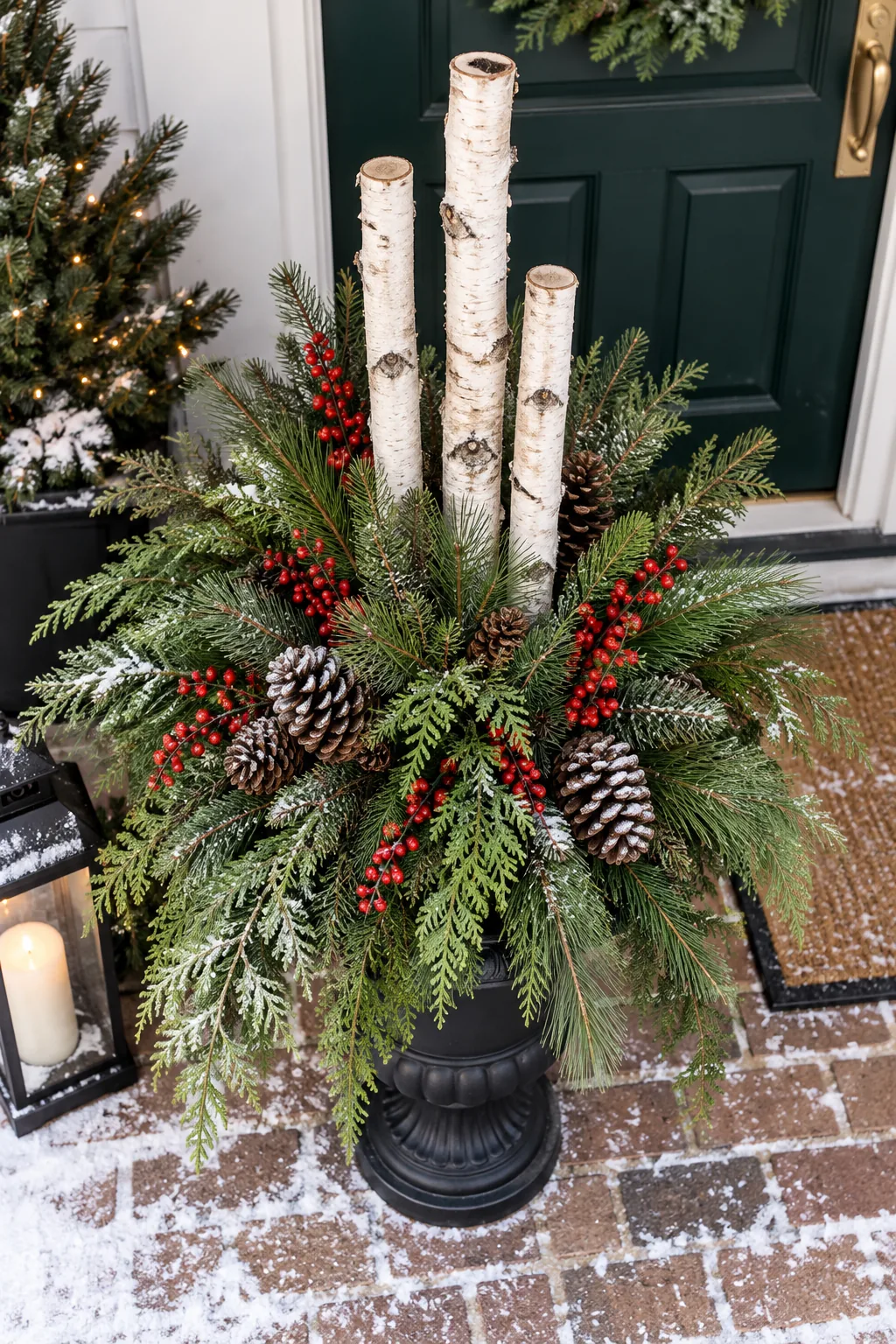 Three white birch poles rising from the center of a holiday greenery arrangement in an outdoor planter.