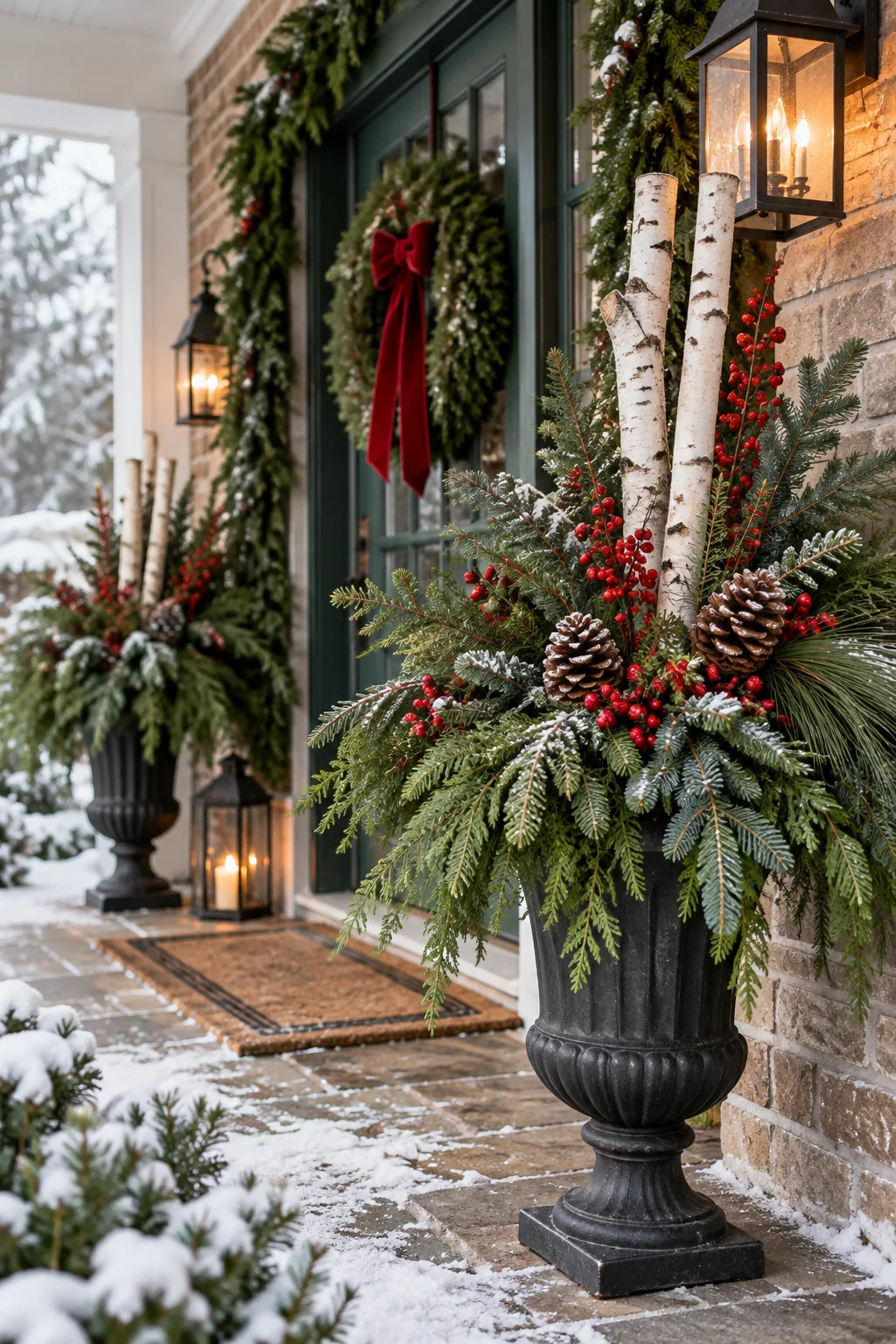 A fully styled Christmas urn overflowing with mixed evergreens, red berries, and birch poles on a brick porch.