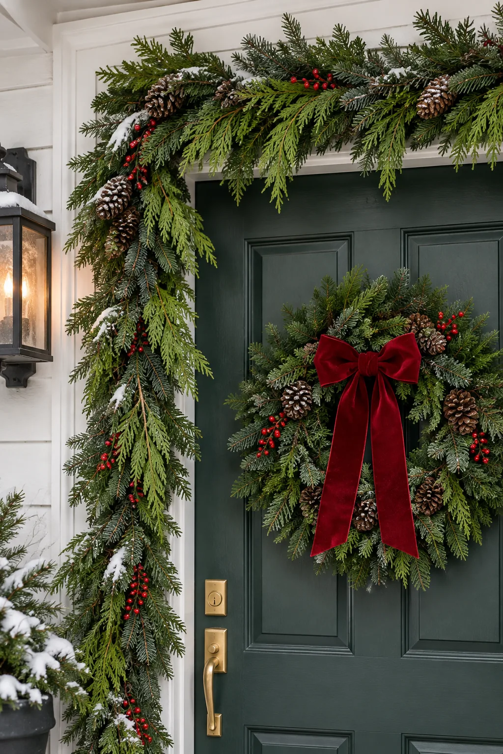 A thick Christmas garland draped over a door frame, showing a mix of artificial base branches and fresh cedar tips.