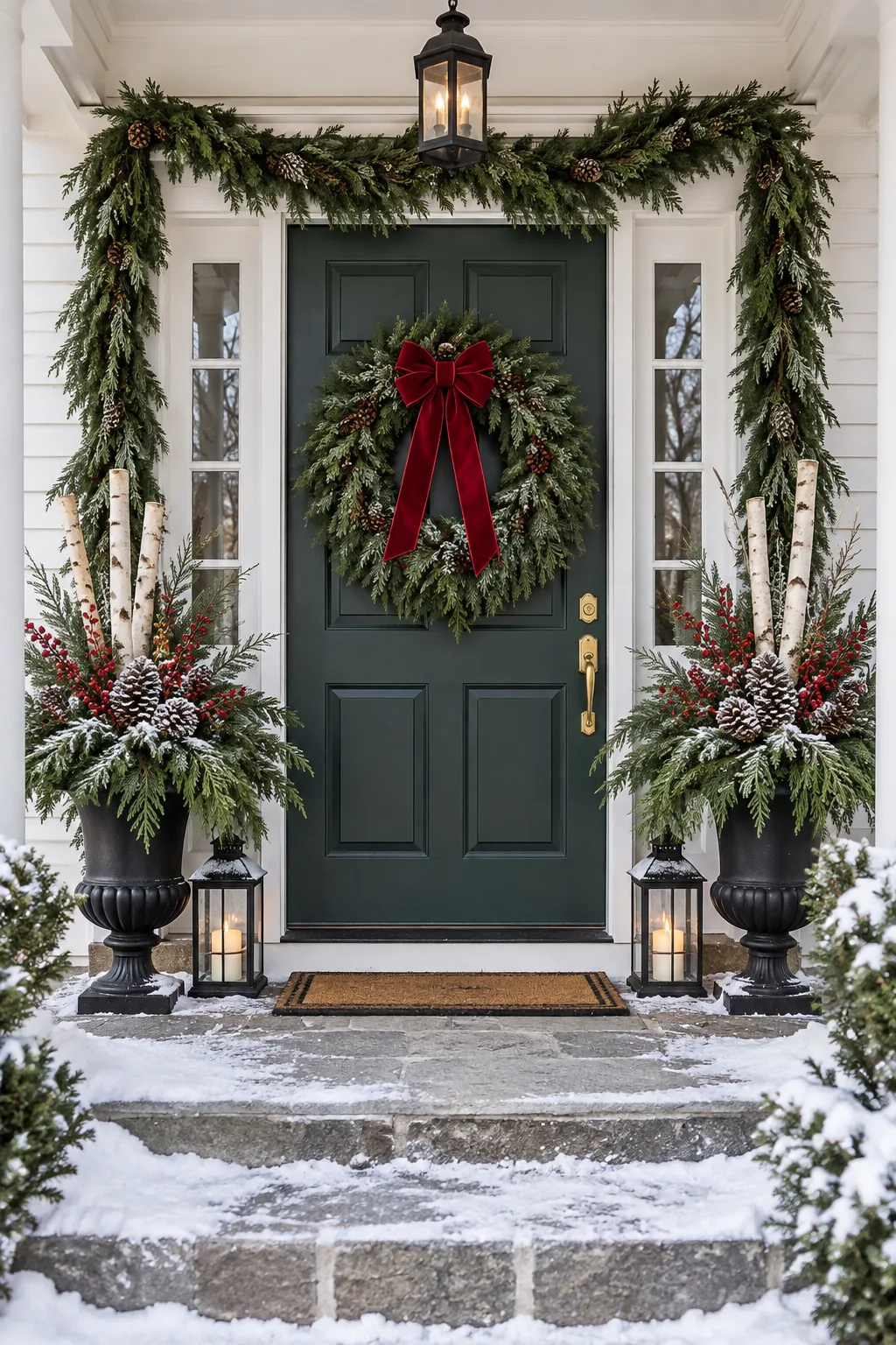 A perfectly sized evergreen wreath with a red velvet bow hanging on a dark green front door.